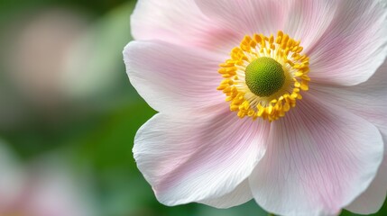 Obraz premium Closeup of a delicate Japanese anemone, showcasing its soft pink petals and vibrant yellow center.