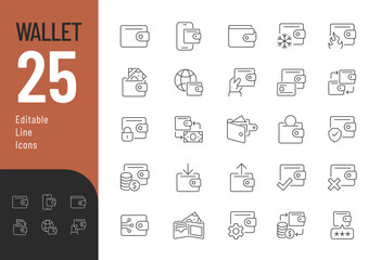 Wallet Line Editable Icons set. Vector illustration in thin line modern style of billfold related icons: cold, hot, digital wallet, and more. Isolated on white