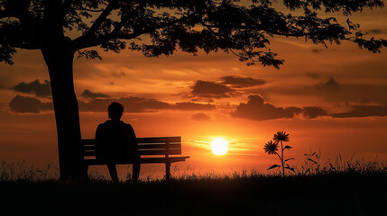 A person sitting alone on a park bench during sunset, gazing at the empty horizon with a sense of longing, surrounded by the stillness of the evening, with a single wilted flower by their side