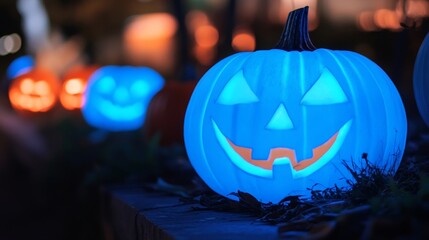 A glowing blue pumpkin with a cheerful face, part of a Halloween display, surrounded by other illuminated pumpkins.