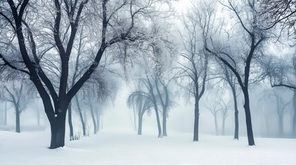 Fototapeta premium Wintery urban scape with snow-covered trees and fog.