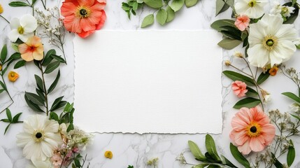 garland surrounded by a blank white card, flowers, blank space in the middle, marble desktop, background image