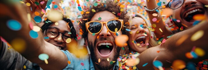 A group of friends celebrate with confetti, expressing pure joy and enthusiasm, creating a lively and colorful atmosphere full of excitement and shared happiness.