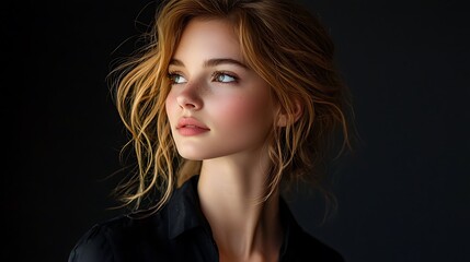 Fototapeta premium A beautiful blonde woman gazes thoughtfully away, captured in a serene portrait.