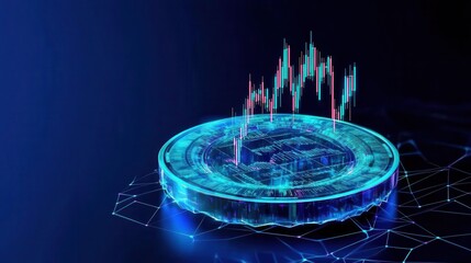 A holographic display showing rising stock prices, Minimalist, Blue hues, Vector graphic, Digital finance