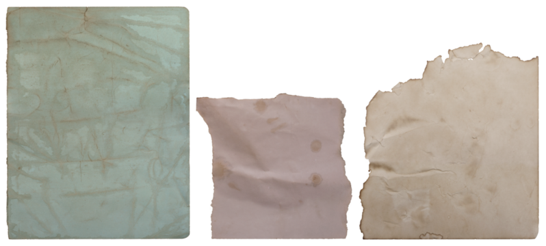 Set of old wrinkled faded colored paper with stains and tears, with yellowed edges; on isolated transparent background. Cut out. PNG - Powered by Adobe