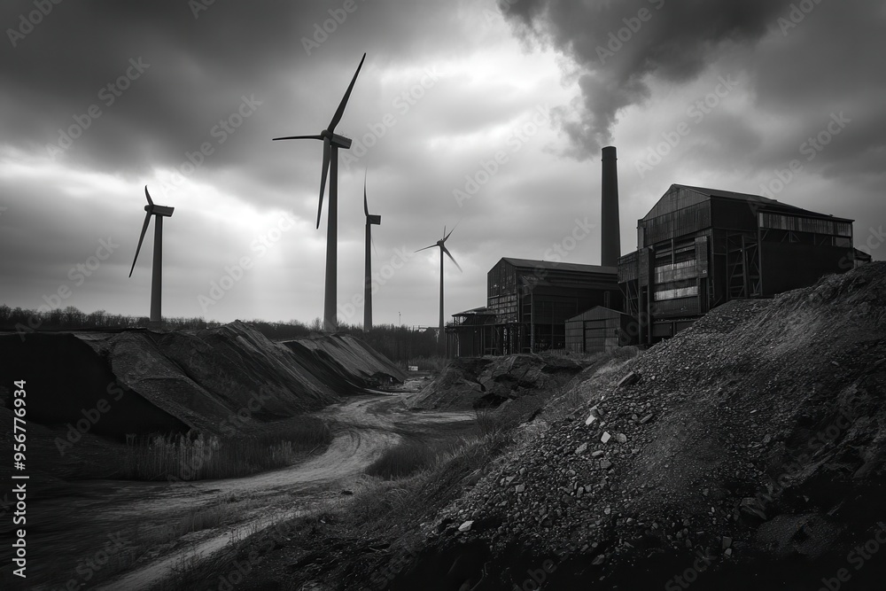 Poster the image captures wind turbines rising alongside abandoned factories, highlighting the shift from c
