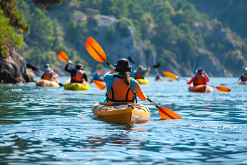 Group kayaking adventure on a scenic river, surrounded by lush nature and vibrant energy.