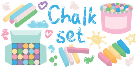 Chalks in box and chalk graphics vector set. Pieces of chalk and chalk crayons flat set
