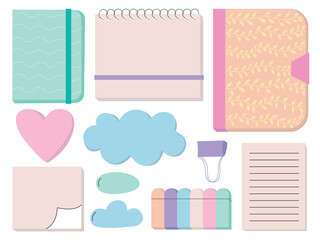 Notebook memo and reminder stickers vector flat set. Flat style sketchbooks and reminder notes set