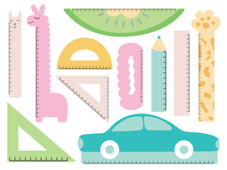 Different rulers flat vector set. Kawaii rulers set