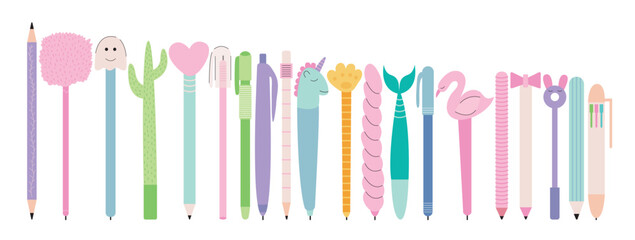 Pencils and pens vector stationery set. Different pens and pencils flat style set