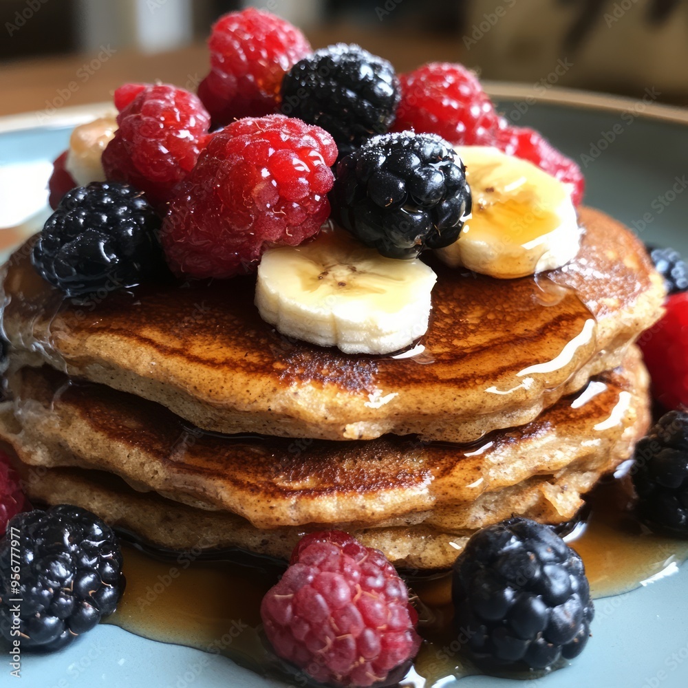 Poster Delicious stack of fluffy pancakes topped with fresh berries, banana slices and maple syrup.