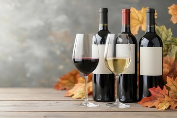 Elegant wine bottles with glasses set against autumn leaves, perfect for harvest celebrations or wine tasting events.