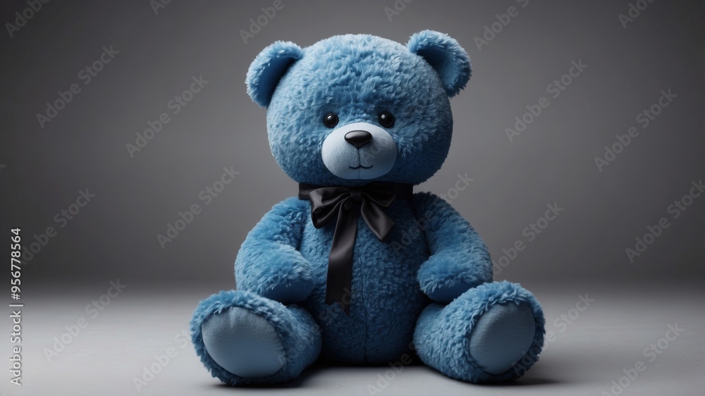 Wall mural angry blue teddy bear sitting on gray background with angry look on face in art concept.