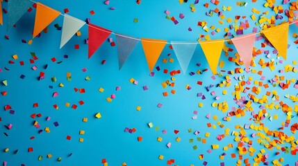 Vibrant Triangular Flags Backdrop with Celebratory Confetti