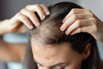 Naklejka premium A girl parting her hair, exposing her scalp, experiencing thinning hair and alopecia. Stress induced female hair loss.