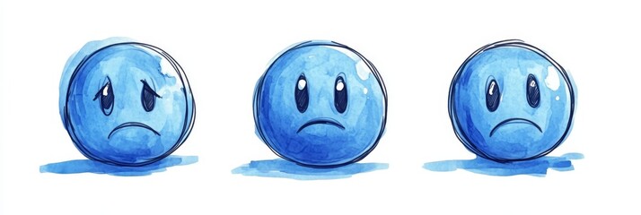 Three blue sad emoticons on a white background in doodle style convey feelings of sadness