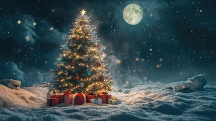 Fototapeta premium Festive Christmas tree with glittering ornaments and gift boxes resting on a blanket of snow in the moonlight