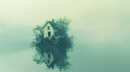 A serene, misty landscape featuring a solitary house on an island, reflecting in calm waters.