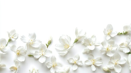 Obraz premium Fresh jasmine blossoms arranged along the bottom, with a clean white background providing space for text above.
