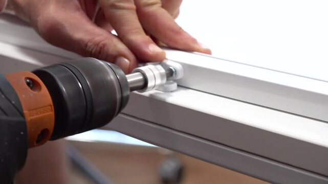 Close up view of gripper lock mechanism screwing to flyscreen window frame with a drill.