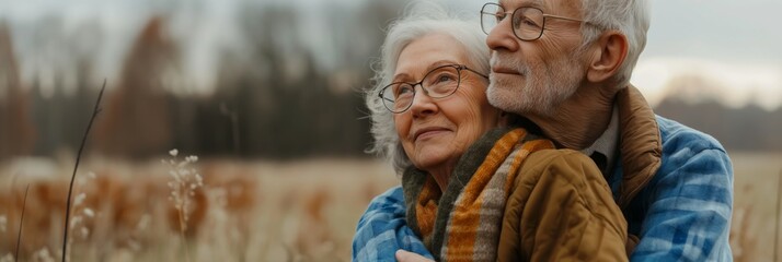 An elderly couple lovingly embraces each other while looking into the distance, wearing warm clothing and enjoying a peaceful moment together in a scenic outdoor setting.