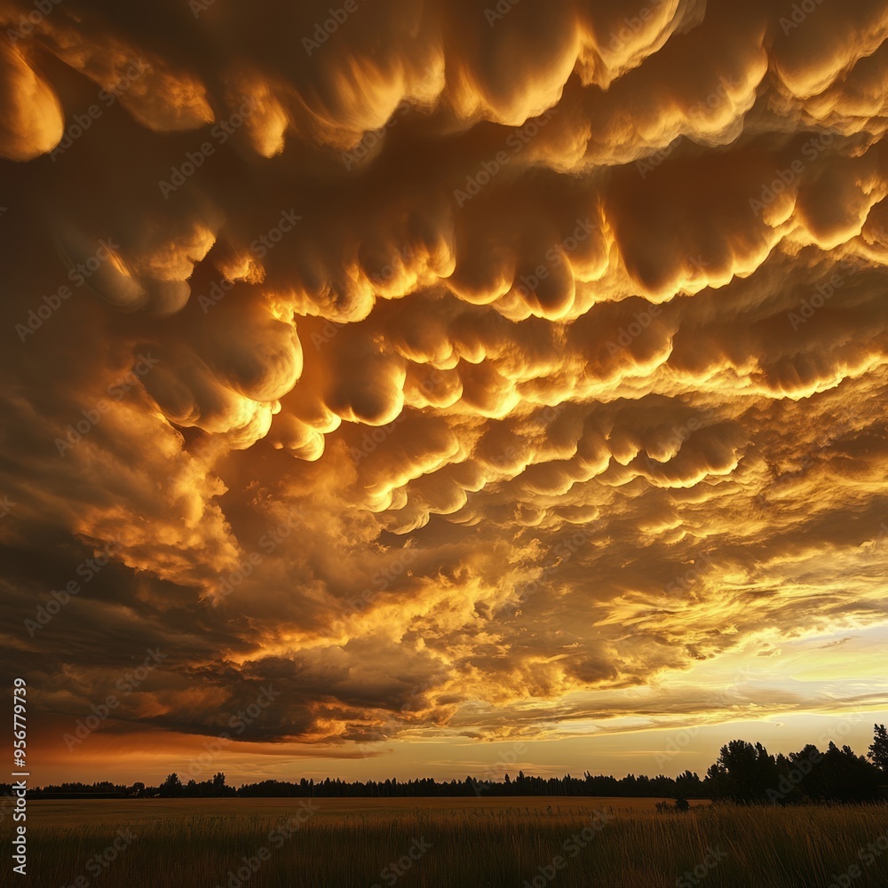 Canvas Prints Dramatic mammatus clouds at sunset over a field.