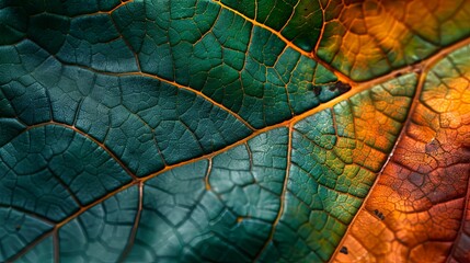 Obraz premium Close-up of a Leaf with Green and Orange Veins
