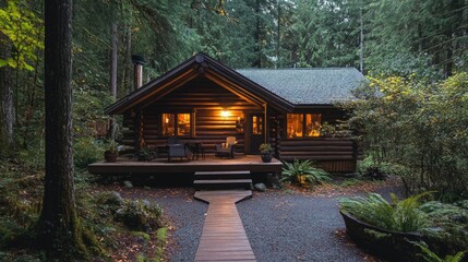 A peaceful log chalet surrounded by forest, perfect for a rustic and tranquil nature escape.