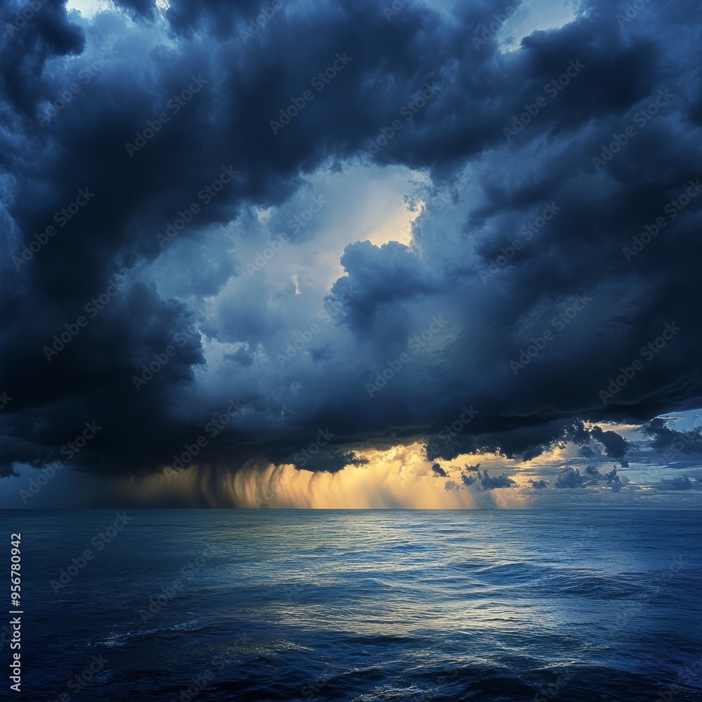 Canvas Prints Dramatic stormy sky over a calm sea with sunlight breaking through the clouds.