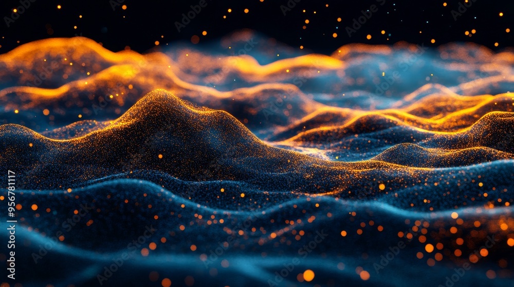 Poster featuring abstract particles, futuristic background and glow with wave surface in elegant style and 
