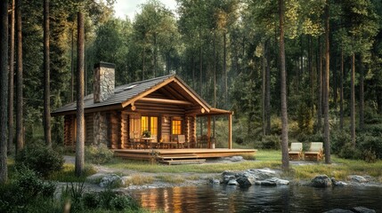 Fototapeta premium A peaceful log chalet surrounded by forest, perfect for a rustic and tranquil nature escape.
