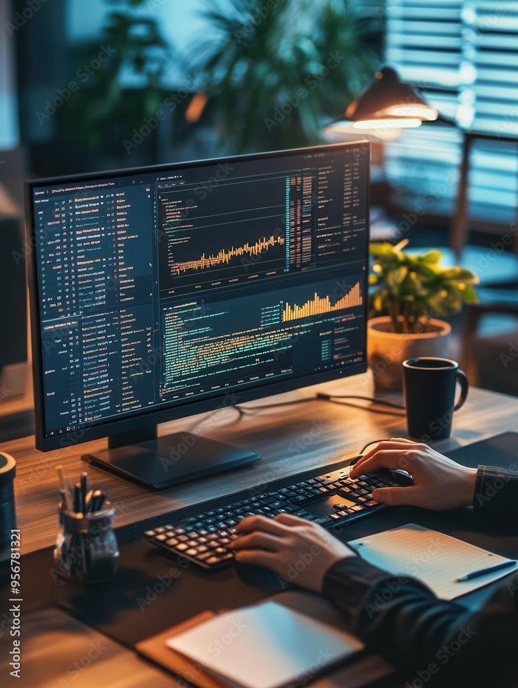 Leinwandbilder An expert focuses on a large monitor, analyzing data with a neat desk arrangement, including a keyboard, mouse, and coffee cup. Generative AI