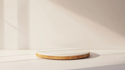 Minimalist 3D round podium in white with a wood top, set on a clean, neutral background, ideal for showcasing elegance.