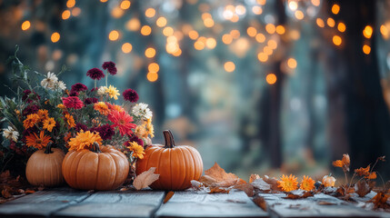 Elegant autumn arrangement featuring pumpkins and vibrant orange and white flowers on a rustic white wooden table, with a warm, glowing background. Harvest in autumn. Halloween background