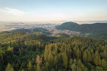 Aerial landscape of Brasov city seen from the road leading to Poiana Brasov