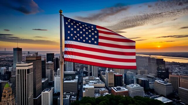 American Flag Waving Over City Skyline at Sunset.
