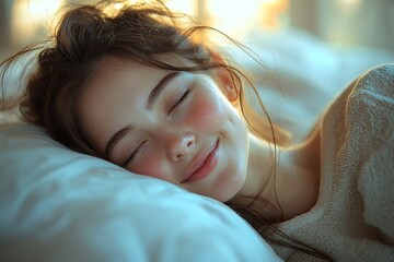 Beautiful young smiling woman sleeping in bed