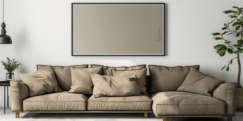 Light brown horizontal wooden frame mockup in living room interior with white sofa and beige background 