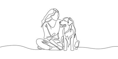 continuous line drawing of happy pet lover with dog vector illustration	