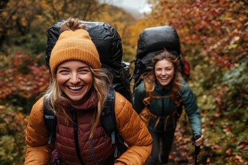Two backpackers on an adventurous trail hike through a colorful autumn forest, symbolizing exploration, resilience, and the connection between humans and nature during a vibrant fall season.