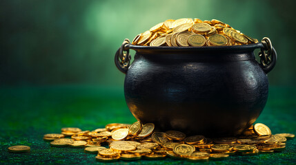 Pot of gold coins on green surface, close-up