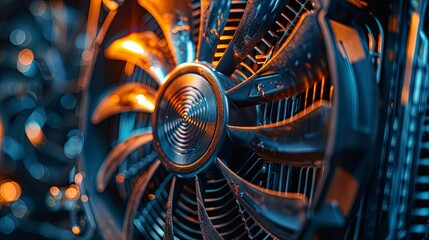 Close-up of a spinning computer fan with orange and blue lighting