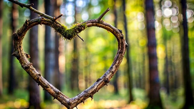 Rusty barbed wire fence forms a heart shape, entwined with thorny branches and delicate spring flowers, amidst a lush green forest