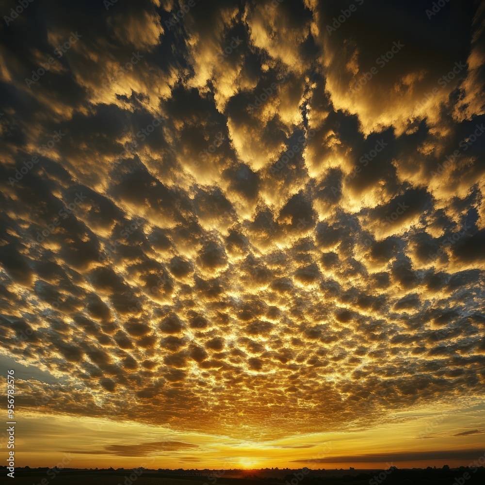 Poster Dramatic sunset with a vast, textured sky filled with clouds in a warm orange and yellow hue.