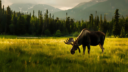 Moose grazing in a lush green field with majestic mountains in the background, a scene of serenity.