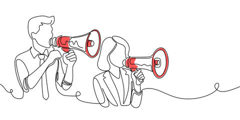 One continuous single drawn line art doodle megaphone, woman, man, people, announcement, business, refer, friend . Isolated image hand drawn continuous outline white background.