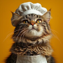 Cat chef with white hat and apron against a vibrant yellow background