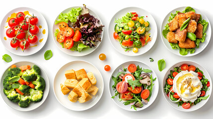 set of plates of food isolated on a white background, top view